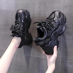 2024 weiß Schwarz Chunky Turnschuhe Frauen Frühling Herbst Dicken Boden Papa Schuhe Frau Mode PU Leder Plattform Turnschuhe Damen 42 schwarz