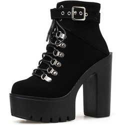 Schnürstiefel für Damen, Plateaustiefel mit Schnalle, Winterschuhe, dicker Absatz mit Reißverschluss, Knöchelriemen, schwarzes Wildleder 41 schwarz