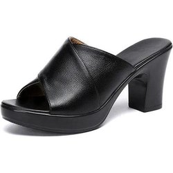 Große Hausschuhe für Damen im Frühling und Sommer mit hohem, dickem Absatz, coole Sandalen aus echtem Leder, rutschfeste, weiche Einzel-Hausschuhe 35 schwarz