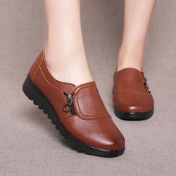 Mode Weiches Leder Runde Kopf Frauen Casual Wohnungen Damen Seite Zipper Flache Schuhe Mutter Einzelnen Schuh 41 dunkelbraune