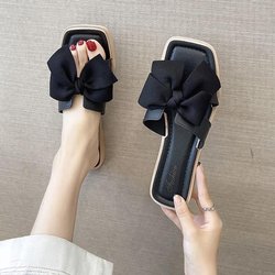 WTEMPO Temperamentvolle Hausschuhe mit Fliege für Damen, Oberbekleidung, vielseitige flache Sohle, große Größe, rutschfeste Flip-Flops für den Sommerstrand 40-41 schwarz