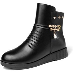 Schwarze mittelgroße Lederstiefel für Damen, weiche Sohle, flache Lederschuhe aus Plüsch, rutschfest, warm, Reißverschluss, Trokarfuß, schlichter Basic-Stil, dicker Absatz, 3 cm, Herbst/Winter 40 schwarz