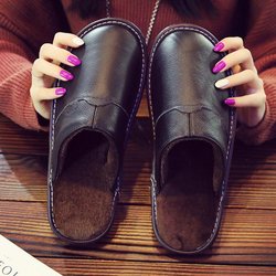 Männer Frauen Herbst und Winter Paar Leder Wasserdichte Baumwolle Hausschuhe Indoor Warm Non-slip Dicken sohlen Plüsch Schuhe 45-46 schwarz