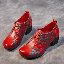Johnature bedruckte Damenschuhe aus echtem Leder, Retro-Ethno-Stil, runde Zehenpartie, dicker Absatz, weiche Sohle, Pumps 40 rot