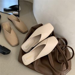 Große Baotou-Halbhausschuhe für Damen, Sommer, quadratischer Kopf, flache Sandalen, Muller-Schuhe 37 beige