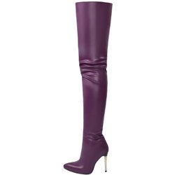 Sexy Damen-Overknee-Stiefel, Mädchen-High-Heel-Stiefel, plissiertes Lackleder, Motorrad, spitze Zehen, Reißverschluss-Schuhe 46
