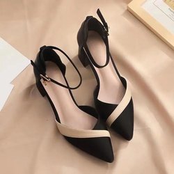 WTEMPO Farbblockierende Sandalen für Damen im Frühjahr und Sommer, dicke Absätze, spitze Zehenpartie, mittlere Absätze, flache Schnalle, High Heels, rutschfest und verschleißfest 36 schwarz