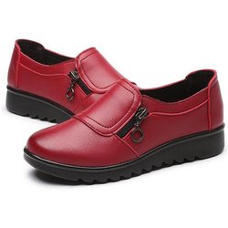 Mode Weiches Leder Runde Kopf Frauen Casual Wohnungen Damen Seite Zipper Flache Schuhe Mutter Einzelnen Schuh 38 wein rot
