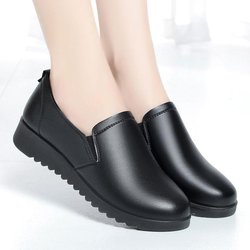 Schwarze Damenschuhe mit niedrigem, dickem Absatz und weicher Sohle, rutschfeste Damenlederschuhe, runde Zehenpartie, lässige Einzelschuhe mit flacher Sohle 38