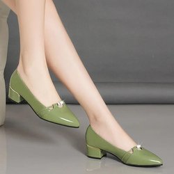 Echte weiche Leder-Einzelschuhe für Damen, Frühling und Herbst, Mesh, atmungsaktiv, dicker Absatz, kleine Lederschuhe, britischer Stil, flacher Mund, Arbeitsschuhe 41 grün