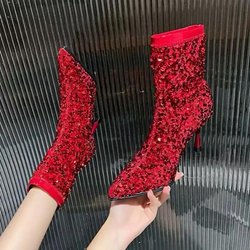 Mode Luxus Glitter Stiefeletten Frauen High Heel Bling Sexy Spitz Schuhe Frau 2024 Trend Elegante Party Kleid Chelsea Botas mujer 41 rot