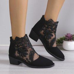 Schuhe für Damen 2024 Knöchelstiefel mit Reißverschluss hinten, modische Bürostiefel für Damen, Blumenspitze, spitze Zehenpartie, quadratischer Absatz, Damenschuhe 41 schwarz
