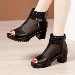 Sandalenstiefel aus weichem Ledernetzgewebe für Damen, Sommer, weiche Sohle, Mama-Sandalen, grober Absatz, mittlerer Absatz, Fischmaul, römischer Reißverschluss auf der Rückseite 40 schwarz