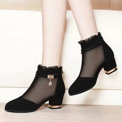 Mesh Damenschuhe High Heels Dicker Absatz Kurze Röhre Damenstiefel Schwarze Einzelschuhe 39