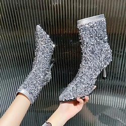 Mode Luxus Glitter Stiefeletten Frauen High Heel Bling Sexy Spitz Schuhe Frau 2024 Trend Elegante Party Kleid Chelsea Botas mujer 41 silber
