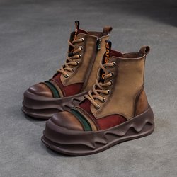 Johnature Gemischte Farben Mid-Calf Stiefel Retro Echtes Leder Dicke Sohle Kurze Stiefel Vielseitige Damenschuhe 38 kamelfarben