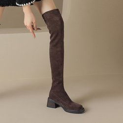 Krazing Pot Flock Herbst-Winter-Schuhe Med Heels Größe 43 Ofenrohr-Stiefel Square Toe Warm halten Slip auf Overknee-Stiefel 40 braun