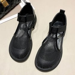 Sandalen Damen Sommer Außen Mesh Mesh Neue Atmungsaktive Hohl Big Head Dicker Mittel Absatz Römische Schuhe 35 schwarz