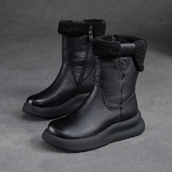 Schneestiefel aus echtem Leder, Plüsch, warm, einfarbig, dicke Sohle, kurze Damenstiefel bis zur Mitte der Wade 38 schwarz