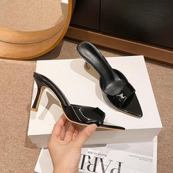 Damen High Heel Pantoletten Dünne Absätze Spitzschuh Einfarbig Pantoletten Damen Kleid Bankett Sommer Lieblich Prägnant Zapatillas De Mujer 40 schwarz