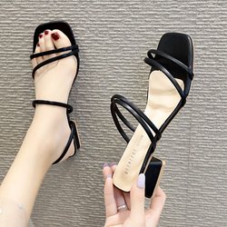 Damen Mittelhohe Absätze Einfarbige Hausschuhe Damen Quadratköpfige Dickabsatz-Sandalen Rutschfeste Weichsohlen-Hausschuhe Schuhe 39 schwarz