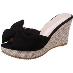 Hohe Keil Hausschuhe Frauen Faux Wildleder GroĂźe Schmetterling Knoten Sandalen Frau Sommer Offene spitze Rutschen Leinen Plattform Hausschuhe High Heels 39