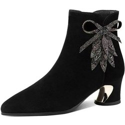 Echtes Leder Mittelhohe kurze Stiefel Damen Dicker Absatz Plüsch Diamant Scrub Leder Damenstiefel Herbst und Winter 40 schwarz