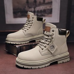 High Top Stiefel Herren Lederschuhe Mode Motorrad Knöchel Militärstiefel für Männer Herbst Winter Stiefel Mann Schuhe Schnürstiefel Botas Hombre 42 graue