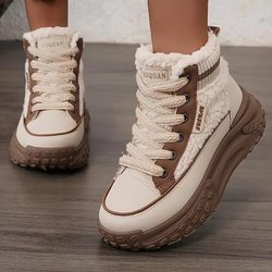 Damen Warme High-Top-Sneaker Futter aus Kunstfell - Braun Beige Runde Zehenpartie Dicke Sohle Lässige Komfortschuhe 40