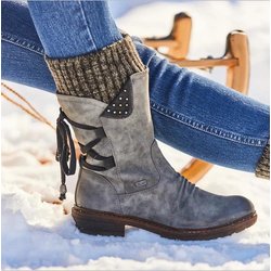 Neue Winterstiefel für Damen, große Martens mit mittlerem Bein, dicker Absatz, Riemen hinten, Vintage-Lederstiefel für Damen 40 graue