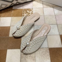 Hohle, atmungsaktive Hausschuhe für Damen im Sommer, modische, vielseitige, flache Sandalen, Perlenpantoffeln, tragen verschleißfeste Sohlen, rutschfeste Schuhe im Casual-Stil 40 khaki