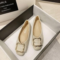 Frühlings-Einzelschuh für Damen mit flacher Sohle und Schnalle vorne, flacher Absatz, runder Kopf, atmungsaktiv und vielseitig, schwarze Fee, Bohnenschuhe mit weicher Sohle 40 weiß