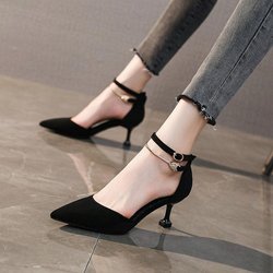 Frühling Sommer Mid-heel 7cm High-heels Schuhe für Damen Stiletto Spitz Zehen Zehen Sandalen Ein-Wort Schnalle Hohl Einzelne Schuhe 35 schwarz