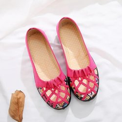 Hohle Stoffschuhe für Damen, runde Zehen, flacher Mund, Slip-on, atmungsaktiv, mit flachem Boden, Freizeitschuhe im chinesischen Stil, ethnische Stickerei 39 rosa