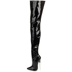 Schritthohe Stiefel JIALUOWEI 18 cm Super High Heel Stiletto Stiefel Frauen Lackleder Sexy Schwarz Stretch Oberschenkel Hohe Stiefel 45