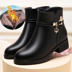 Leder Damenstiefel Winter Dicke Wolle gefüttert Leder Damen Schneestiefel Große Größe Damen Winterschuhe 38 schwarz