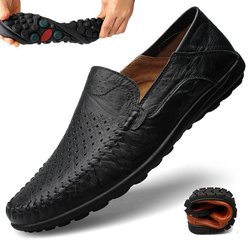 Echtes Leder Mokassins Männer weiche Unterseite Sommer atmungsaktive Hohl Loafer British Business Casual Lederschuhe Hand nähen 43 schwarz