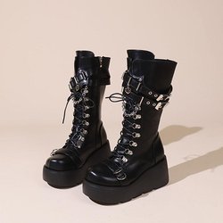 Damen Plateaustiefel Modekette Punk Goth Wedges 8cm High Heels Damenstiefel Party Street Cosplay Frau Schuhe Bota Feminina 35 schwarz
