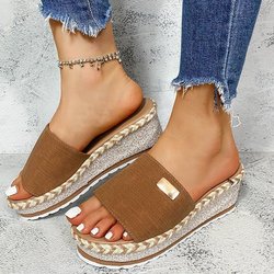 Damenschuhe in Übergröße Sommer Keilabsatz Hanfseil Pantoletten Damen Sandalen mit hohen Absätzen Offene Zehen Dicksohlige Pantoletten 41 braun