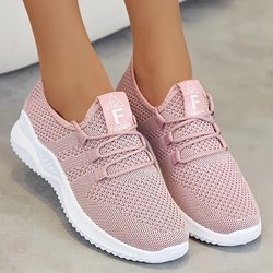 Atmungsaktive Strick-Sportschuhe für Damen mit dicker Sohle, lässige Outdoor-Schnürschuhe, bequeme Laufschuhe mit niedrigem Schaft 40 rosa