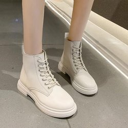 Stiefel Damen Britischer Stil Frühling und Herbst Neue Schnürstiefel Allgleiches Einzelstiefel Retro Flachboden Motorrad Kurze Stiefel 35 weiß