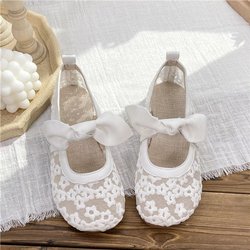 Beanie-Schuhe mit Stickerei aus Baumwolle und Leinen, literarische und allgleiche Einzelschuhe, süße Sandalen mit Schleife, bequeme Halbschuhe für Damen 35
