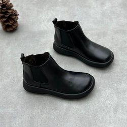 Kurze Stiefel aus echtem Leder, Vintage, runde Zehenpartie, flache Unterseite, Slipper, Chelsea-Stiefel aus Rindsleder 40 schwarz