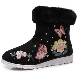 Warme Winterstiefeletten für Damen, lässig, rutschfest, mit Plüschfleece gefüttert, Schneestiefel mit seitlichem Reißverschluss, bestickte kurze Stiefeletten mit Kunstfellfutter für Damen 38