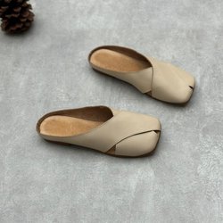 Johnature Echtes Leder Damen Hausschuhe Handgefertigt Einfarbig Weiches Rindsleder Flache Ausgehende Slides 39 beige