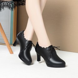 Frühling Herbst Weiches Leder Weiche Sohle Vielseitige Mode Bequeme High Heels Schnürschuhe mit tiefem Mund Damen Lederschuhe 35