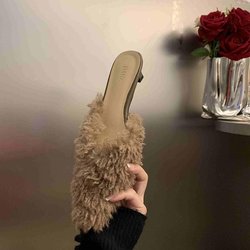 Designer Spitzschuh Damen Cord Pantoletten Hausschuhe Mode Flache Slipper Lässige Damen Slides Schuhe mit niedrigem Absatz 40 khaki