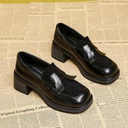 2024 Britischer Stil Damenschuhe Mode Loafers Frühling Herbst Schleife Square Toe Chunky High Heel Braun Kleine Lederschuhe 37 schwarz