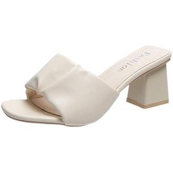 Damen-Sandalen zum Anklipsen, hoher, dicker Absatz, lässig, quadratische Zehenpartie, einfarbig, Oberbekleidung, Sandalen, 5,5 cm, 35–42 39 beige