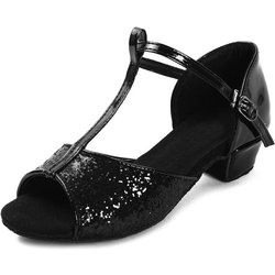 Tanzschuhe für Mädchen mit Pailletten, lateinamerikanische Tanzschuhe, Salsa-Tango-Schuhe für Tanzanfänger, 3 Farben, niedriger Absatz, 3,5 cm 30 schwarz